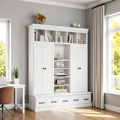 78'H Bookshelf With Bench And 5 Storage Cubbies, 4 Doors, 5 Drawers And Adjustable Shelves