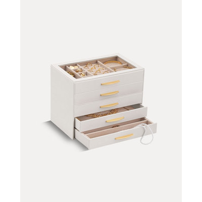 Boîte à bijoux avec couvercle en verre pour femme - 5 compartiments, beige
