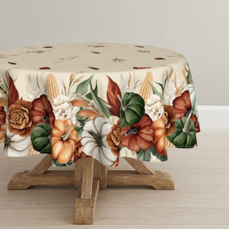 Fall Tablecloth 90 x 90 Inch Round Flower Autumn Harvest Pumpkin