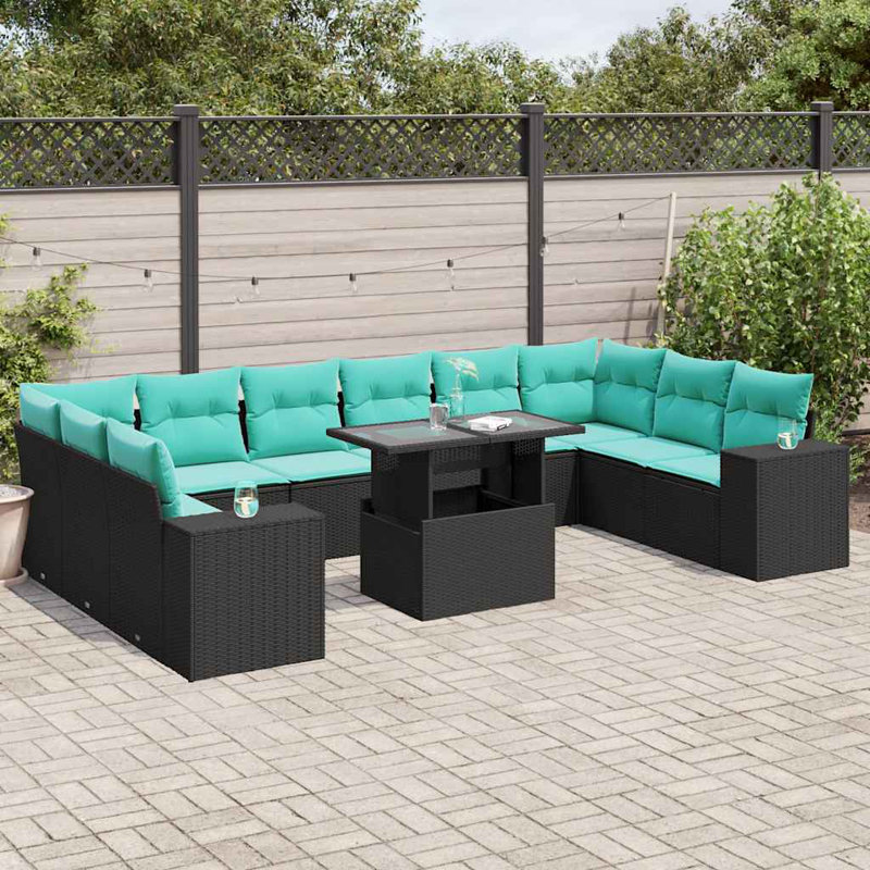 Ensemble de canapé de patio 11 pièces avec coussins en rotin de polyester, Bleu clair, Noir