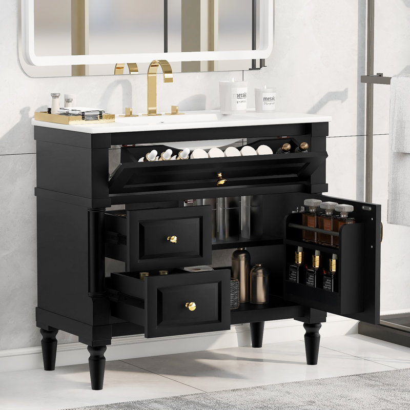 Amberlynn 36" Modern Bathroom Vanity with Ceramic Sink and Adjustable Shelf, Black, 36inch