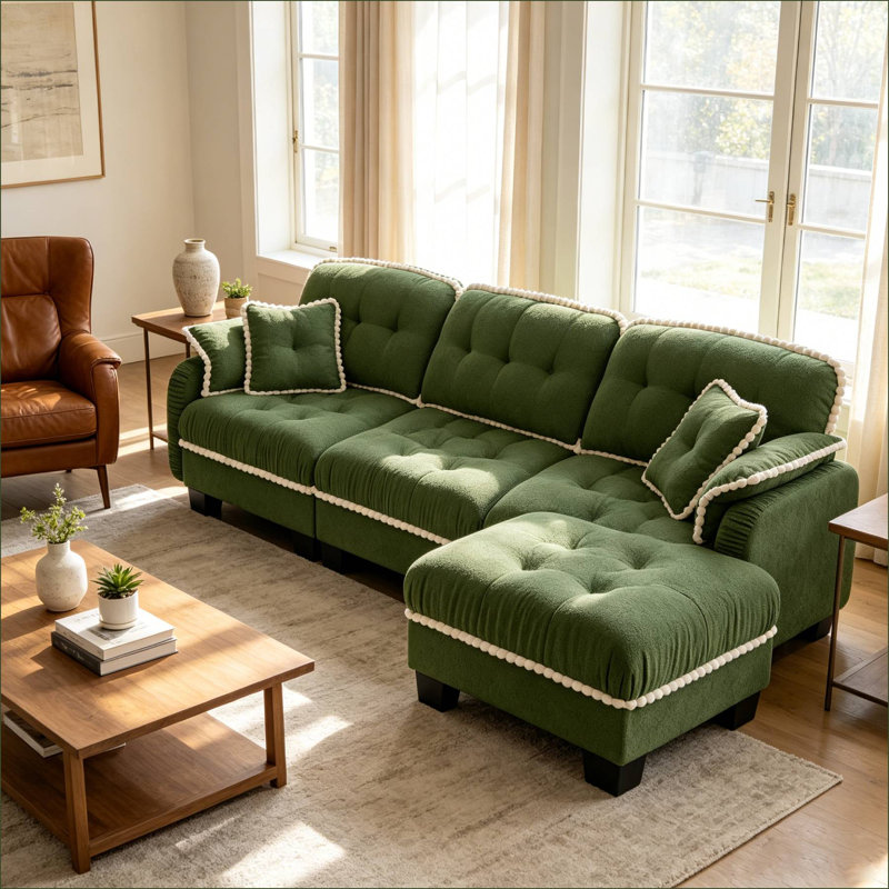 Canapé modulaire en L capitonné en L avec 1 repose-pieds mobile, Vert