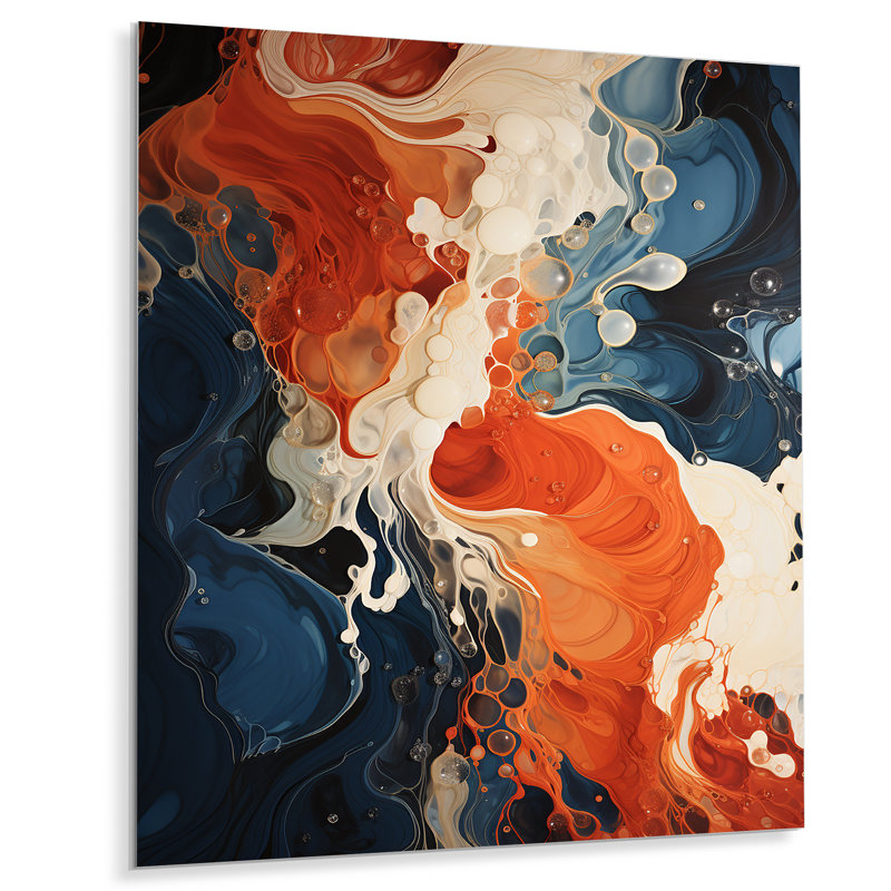 Blue And Orange Liquid Ink Waves VI - Abstract Metal Wall Art, 32" H x 24" W x 1" D