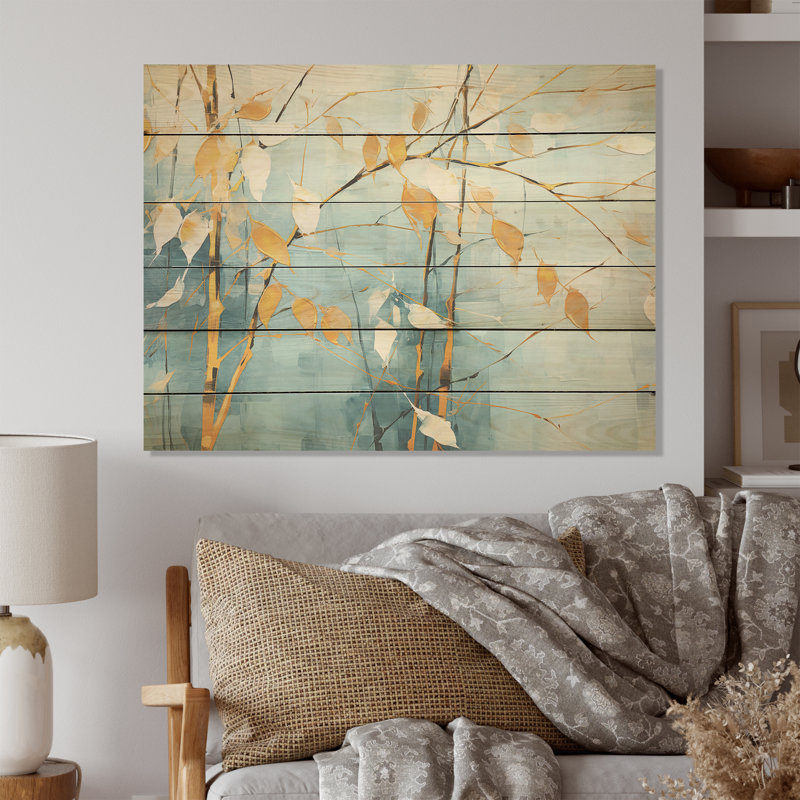«Blue and Golden Minimalisme Bamboo I», art mural en bois de bambou sur bois de pin naturel, H 30 po x l 40 po