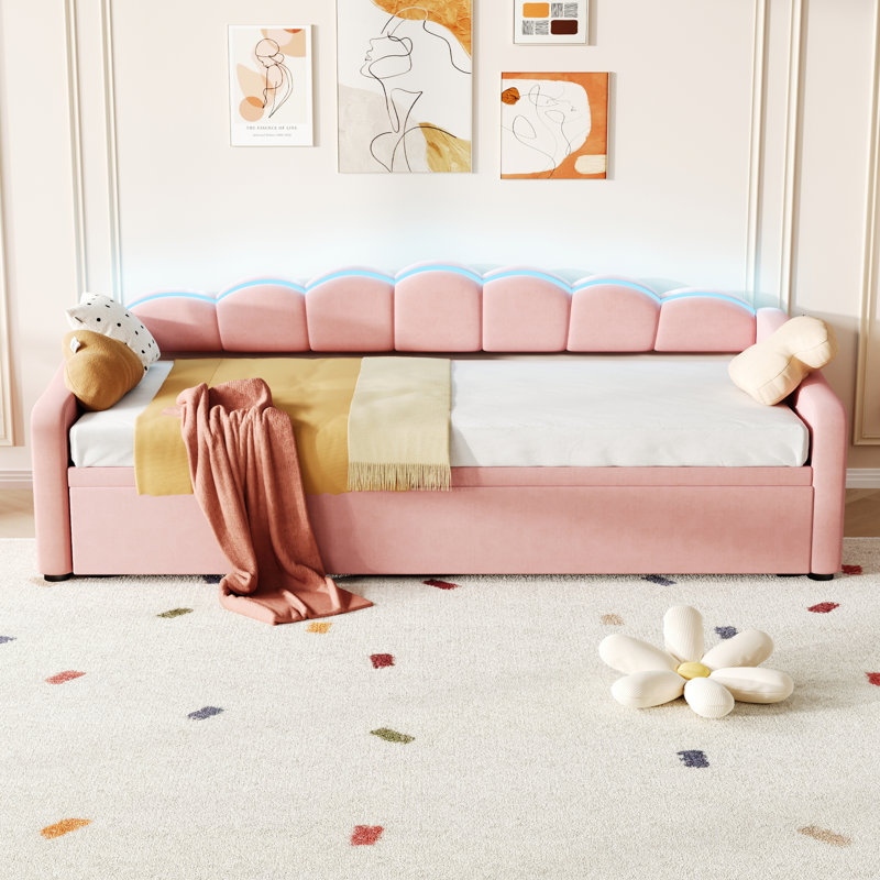 Upholstered Velvet Daybed with Trundle Bed, Pink