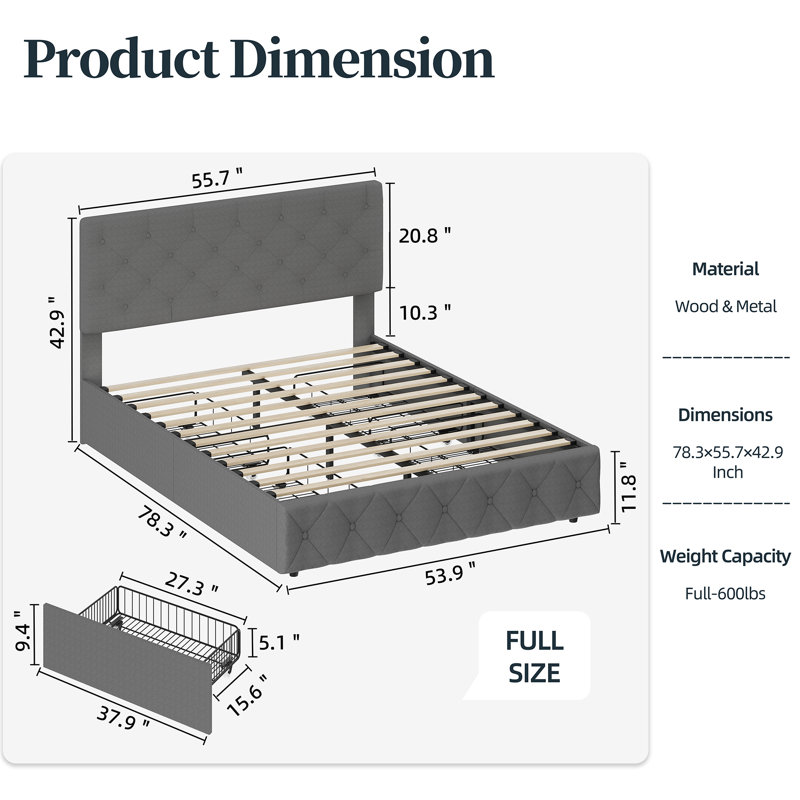 Romu Upholstered Storage Bed with Four Drawers, Full / Double