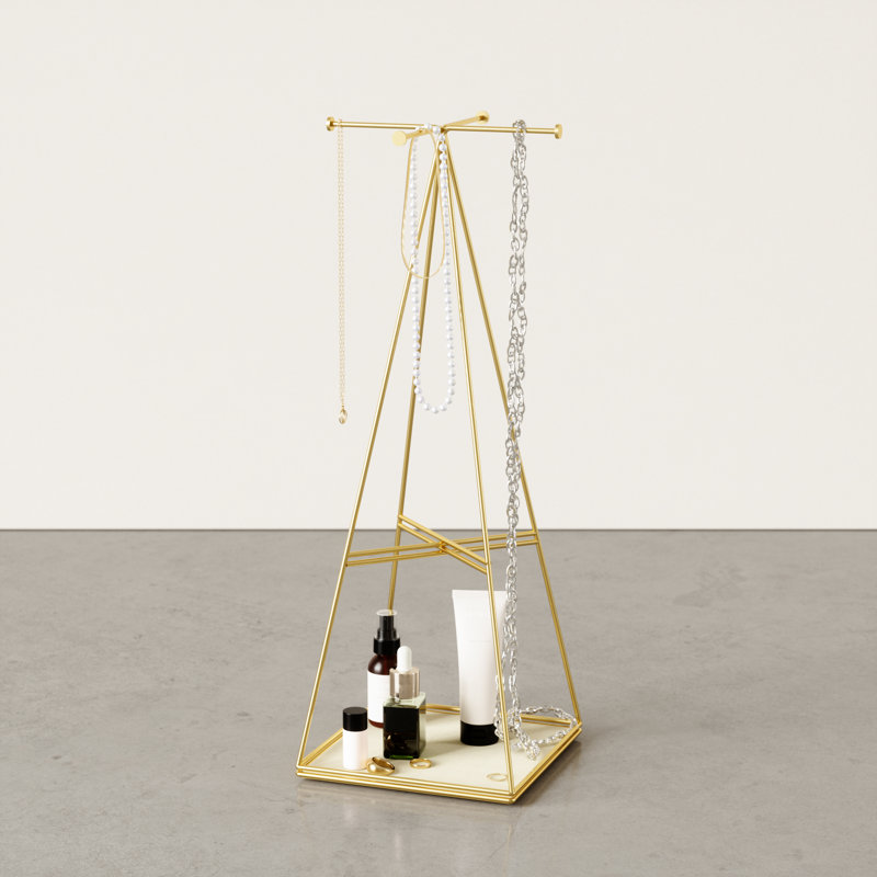 Matte Brass Steel Pyramid Jewelry Stand with Linen Base