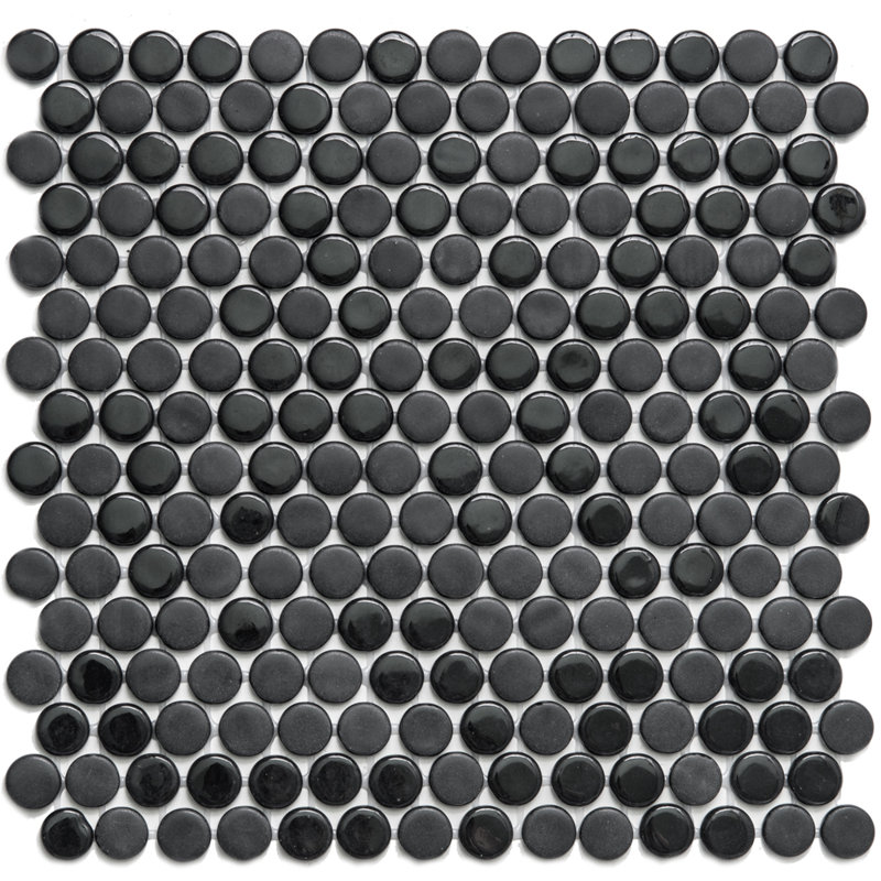 Carreau de mosaïque rond en verre 12 po x 12 po Eterna Penny, Noir