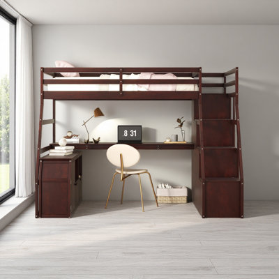 Lit mezzanine simple avec 7 tiroirs, 2 tablettes et un bureau