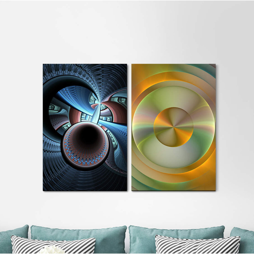 2-tlg. Leinwandbilder-Set - Grafikdruck „Fractal Circles Waves Spiritual Fantasy Modern”