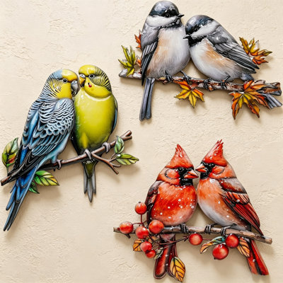 Set Of 3 Colorful Hummingbird Metal Wall Decor, 3D Birds On Branch Wall Hanging Sculpture, Weather Resistant Metal Art For Patio, Fence, Lawn, Indoor Bedroom & Garden Ornament