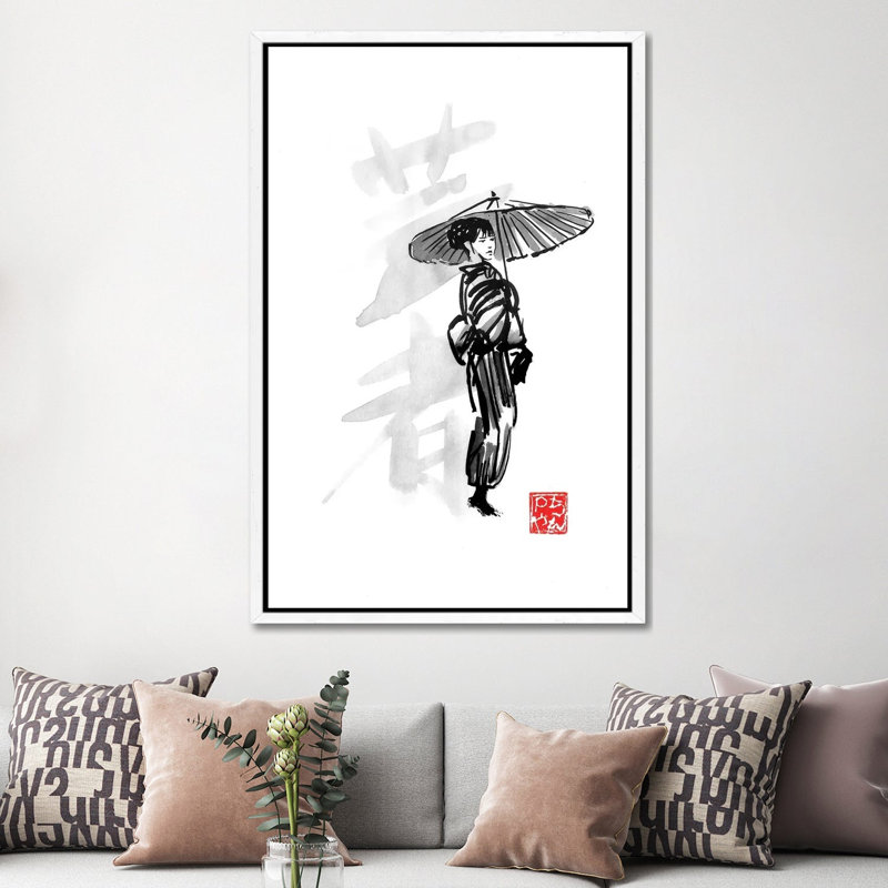 Geisha by Péchane - Painting on Canvas, 152.5 cm H x 101.5 cm W, White Framed