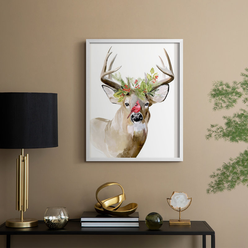 «Holiday Deer II», reproduction encadrée - bois massif, H 30 po x l 24 po, Blanc