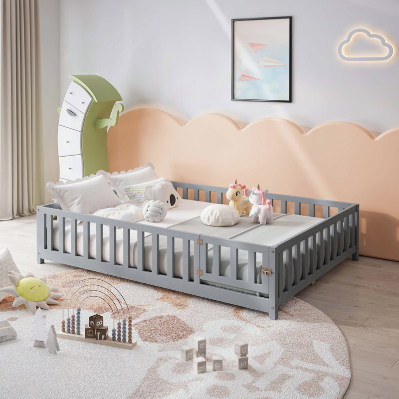 Full Size Floor Platform Bed with Fence and Door for Kids, Montessori Floor Bed Frame with Support Slats for Toddlers, Wooden Floor Bed Natural