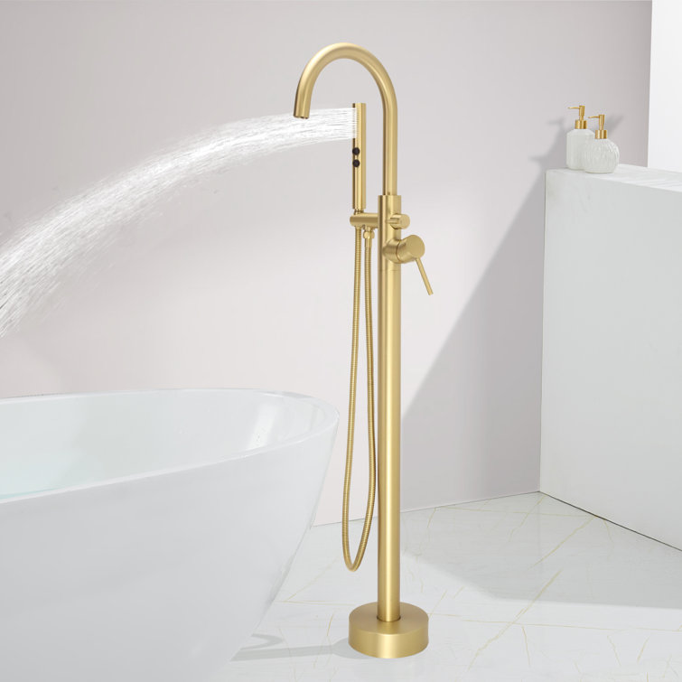 2 Handle Floor Mounted Freestanding Tub Filler with Brass Two-Function Handshower and Diverter