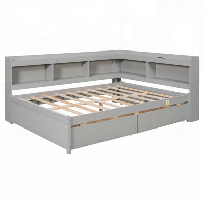 L-shaped Bookcases Bed with Power Outlets, USB Charging Ports, and Two Drawers for Space-Saving and Modern Living