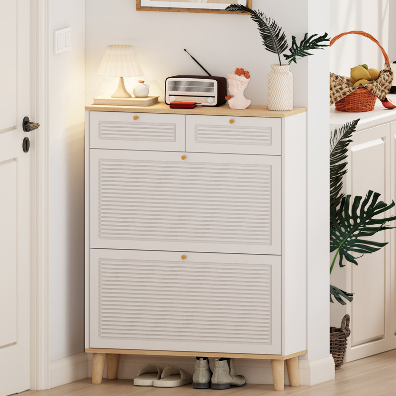 Freestanding Shoe Cabinet With 2 Flip - Up Doors And Drawers, Narrow Organizer For Compact Spaces, White Natural Finish, Amazing Storage Shoes, Unique Door, , Effortless Assembly Rack Entryway,