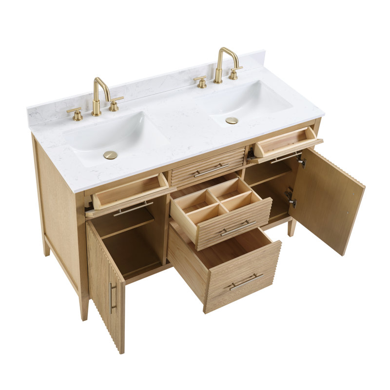 Felix  55" Fully Assembled Double Bathroom Vanity Set With Solid Surface White Granite Top and Backsplash