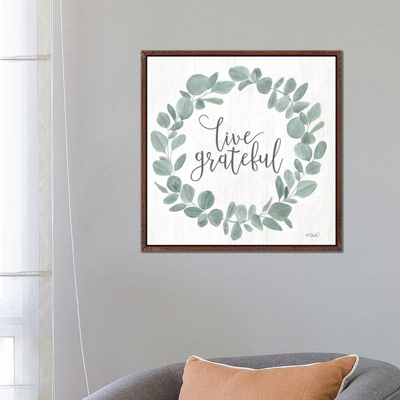 Live Grateful Eucalyptus Wreath by Kate Sherrill - Print on Canvas, Brown Floater Frame, 66.04 cm H x 66.04 cm W