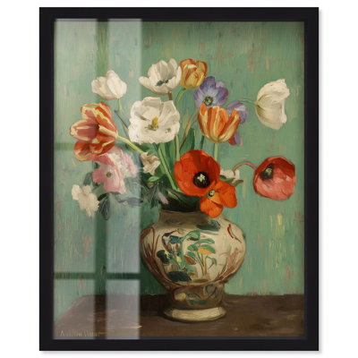 Green Vase with Tulips II Shadowbox Print Farmhouse Wall Art by Art Remedy, Black Frame, 36 x 45