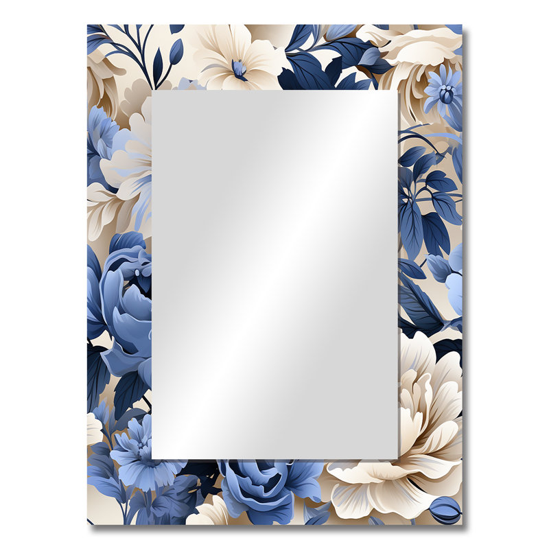 Beige And Blue Farmhouse Floral Pattern - Floral Mirror Wall Decor, 32" x 24"