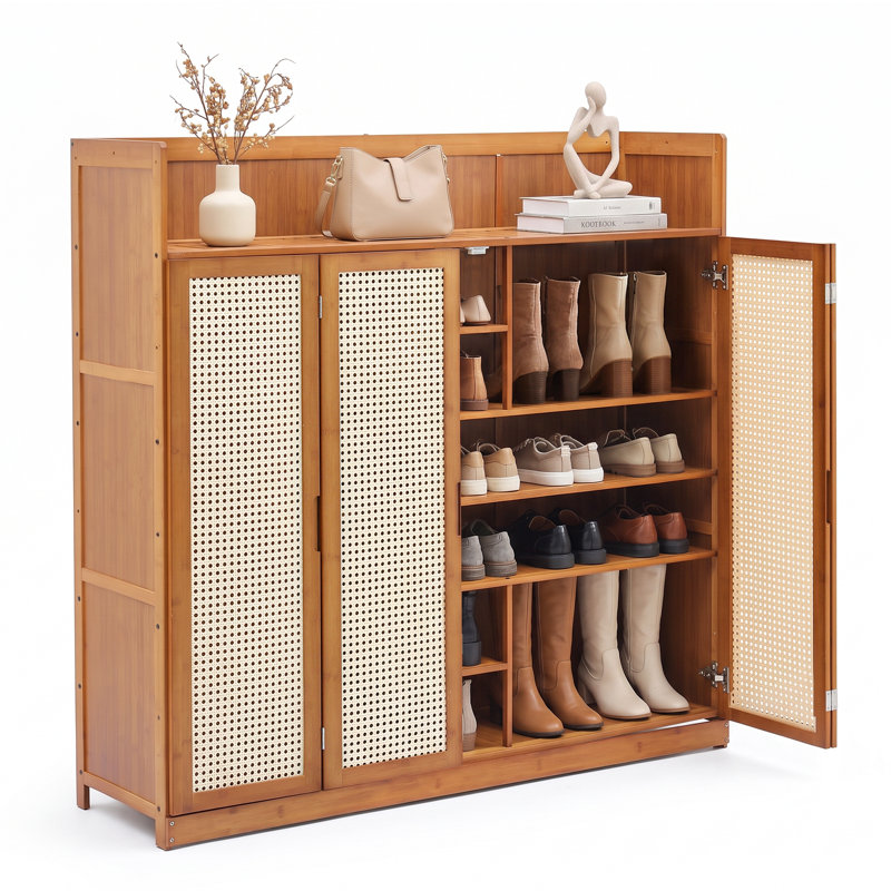 7-Tier Bamboo Shoe Cabinet, 30 Pairs Sneakers Shoe Rack Organizer with Folding Door and Wide Countertop