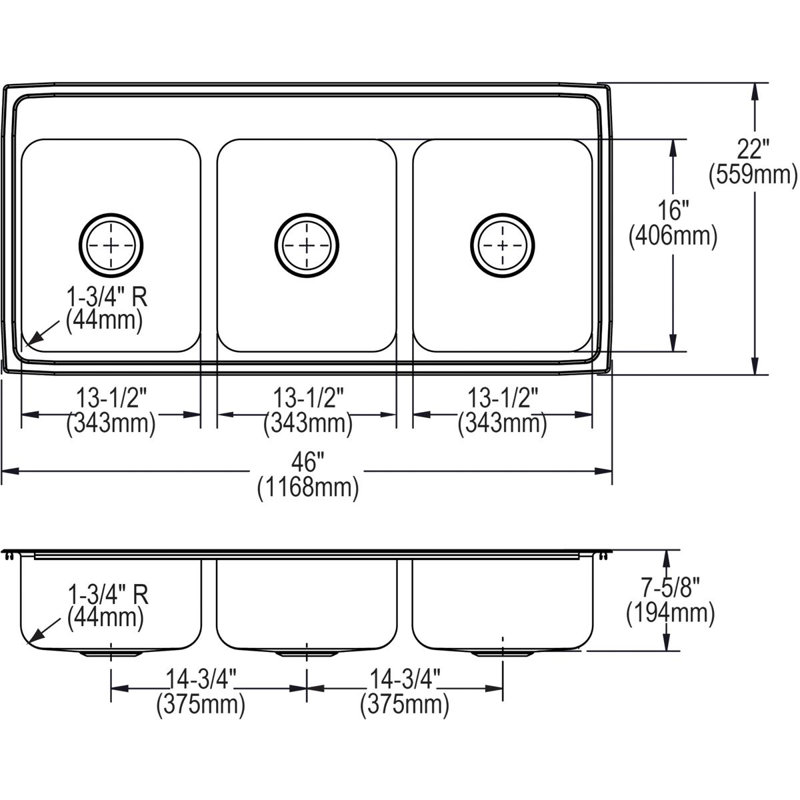 Évier de cuisine à triple cuve à montage sur plan L 46 po x l 22 po Lustertone, 4 trous