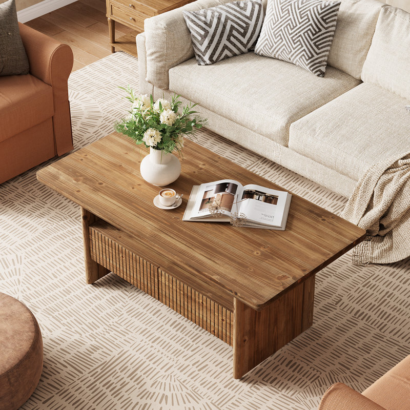 Solid Wood Coffee Table with 2 Drawers, 47.24" 2-Tier Rustic Center Tea Table for Living Room