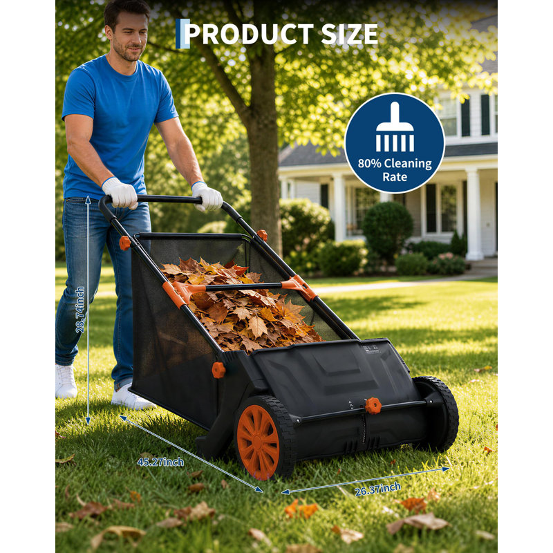 Balayeuse à gazon manuelle de 53 cm (21 po), ramassage des feuilles et de l'herbe, sac en filet de 99 litres (3,5 pi³), hauteur réglable, noir et orange
