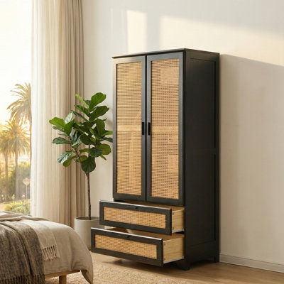Solid Pine Wood Rattan Closet with 2 Drawers by Bay Isle Home