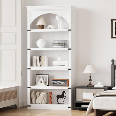 Rustic Farmhouse Arched Bookshelf – 68.7" Tall 5-Tier Wooden Bookcase with Curved Arch Design – Vintage Storage Shelf for Living Room, Office, Library