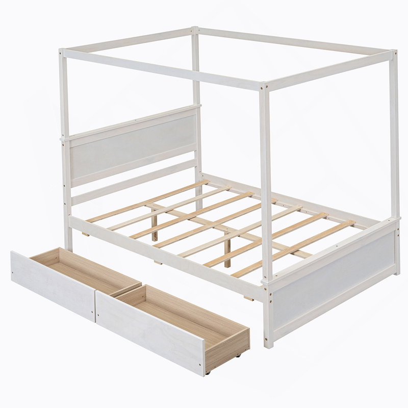 Wood Canopy Bed with Two Drawers, Full Size Canopy Platform Bed with Support Slats