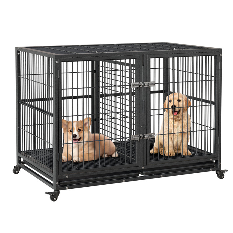 Chenil en métal robuste pour chiens de grande taille - conception indestructible, portes doubles, cloison, plateau amovible, roues et bols d'alimentation - 42 po