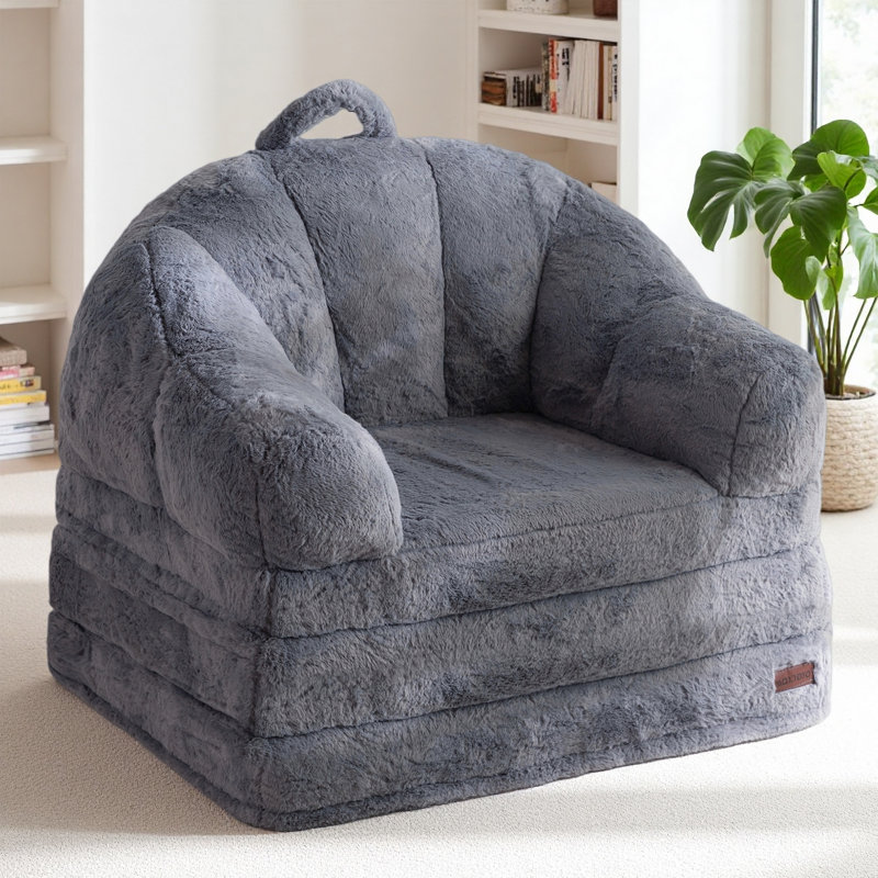 Fauteuil à billes convertible 2 en 1 gris, Fausse fourrure grise
