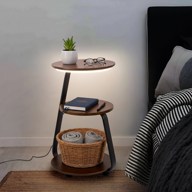 Table de chevet à 3 niveaux en métal avec lumière DEL intégrée Kleopas, Noyer