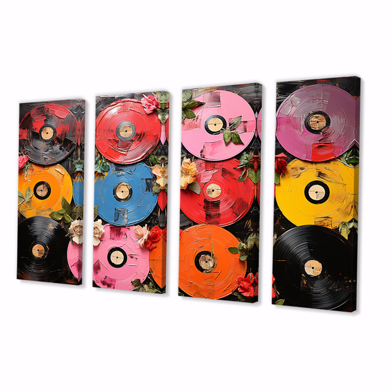 Colourful Vinyle disques Melody - Ensemble de 4 pièces d'art mural, H 32 po x l 64 po