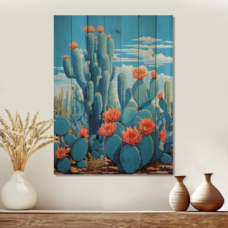 Cerulean Blue Cactus Collage - Art mural en bois de cactus sur bois de pin naturel, H 20 po x l 10 po