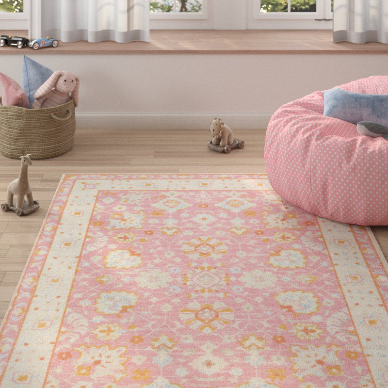 Guerin Oriental Wool / Nylon Pink Area Rug, Rectangle 6'6" x 9'