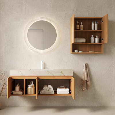 Ensemble de meuble-lavabo mural EIDEN 48 + TOBI 26, meuble-lavabo mural flottant pour salle de bain, plateau en pierre frittée veiné or crème, lavabo en céramique, 1 trou de robinet pré-percé, robinet et drain exclus, couleur grain de bois naturel