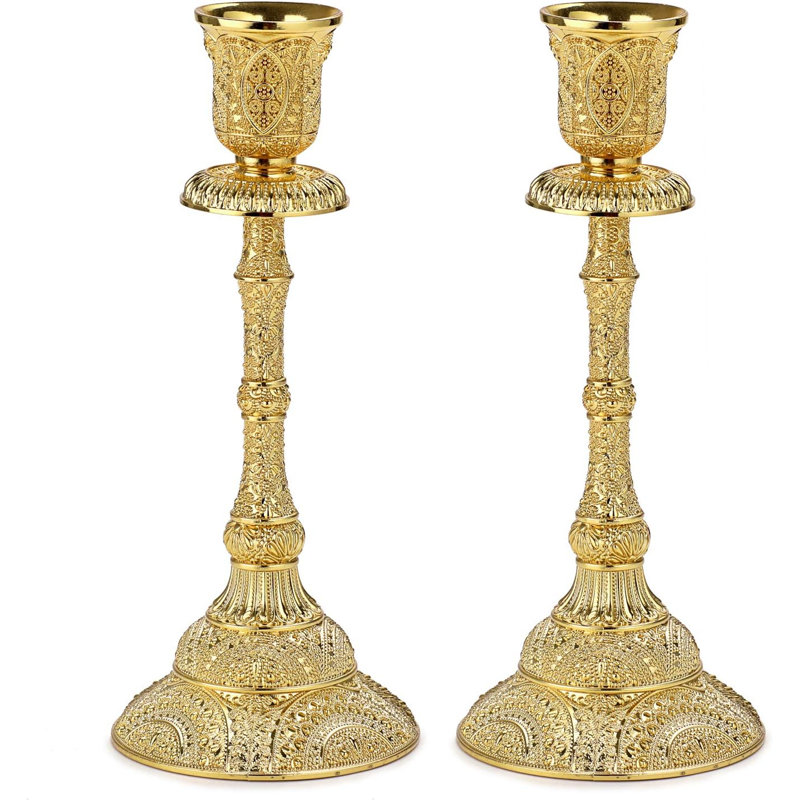 Set Of 2 Taper Candle Holders Vintage Metal Pillar Candlestick Holders 7.4”, Elegant Brass Candle Stick Holders Decor Candelabra Set For Dining Table Centerpieces Wedding Home Decoration, Gold