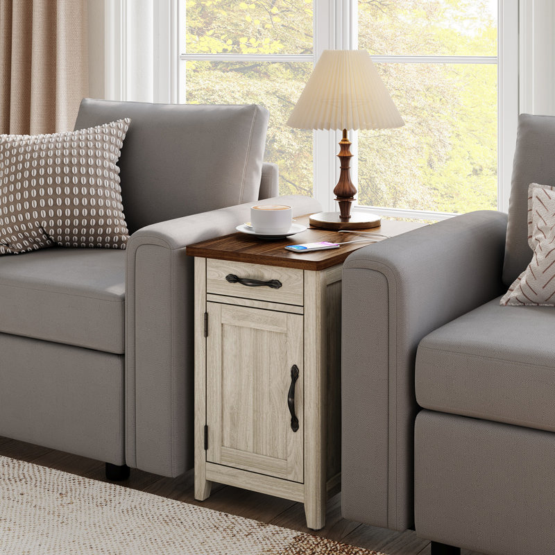 Aneshia End Table with Storage and Charging Station, Brown Top/Light Gray Base