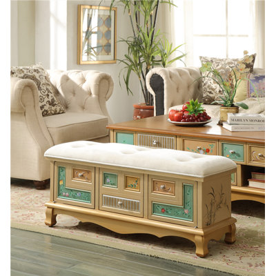 Vintage Hand Painted Solid Wood Shoe Storage Bench