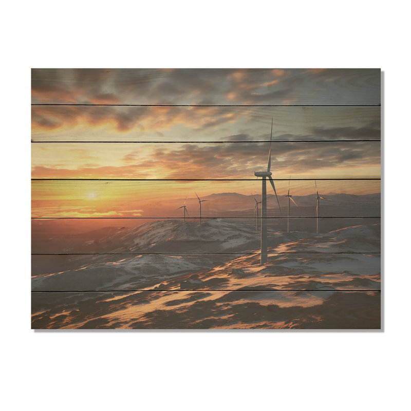 Sunset Wind Turbines Mountain View I - Wind Turbines On Wood Print, 30" H x 40" W x 0.78" D