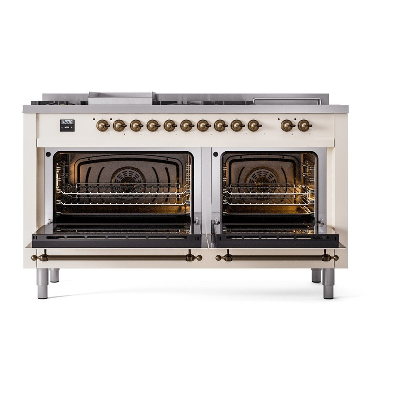 Cuisinière à double combustible de 60 po avec 5 brûleurs scellés, plaque chauffante et porte française ILVE Nostalgie II Series