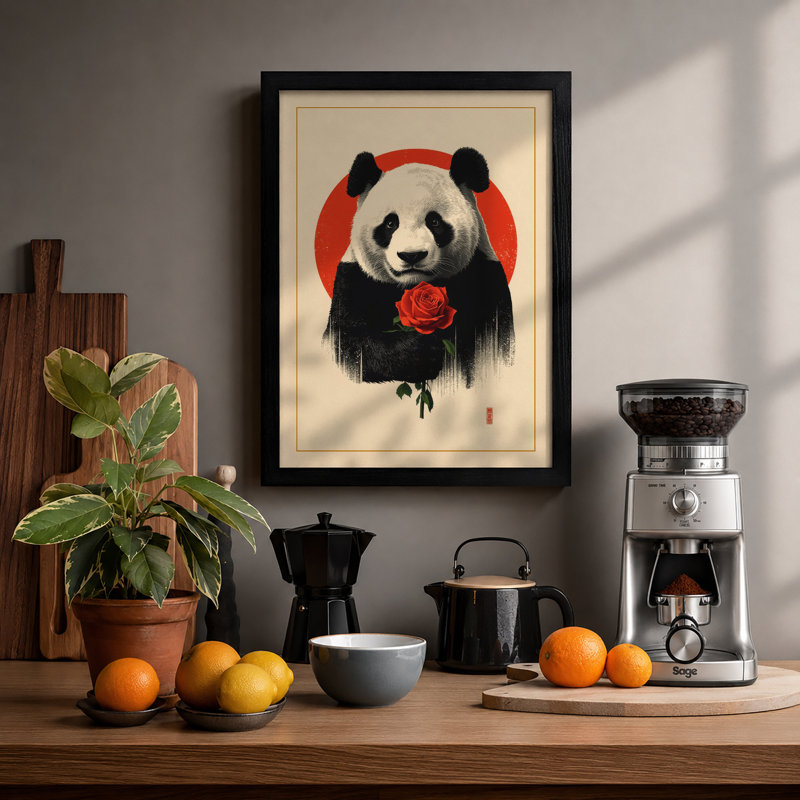 Panda With Rose Japandi - Print, A2 - 59.4 x 42.0 cm, Black