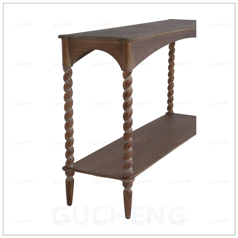 Console rustique en bois brun avec pieds tournés en spirale et étagère inférieure