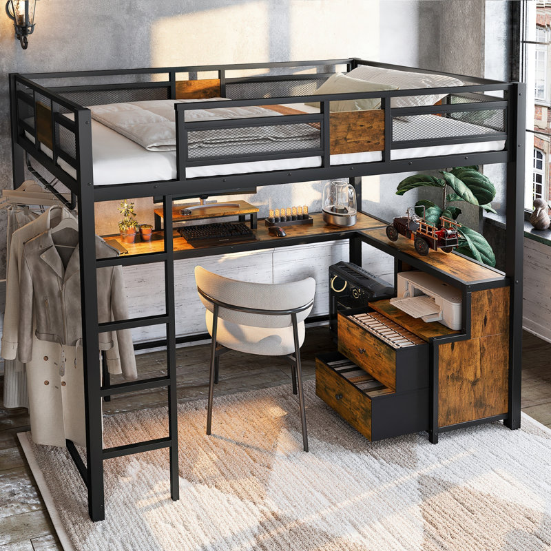 Twin XL Metal Loft Bed with Desk, Shelves and Non-Woven Fabric Drawers, Twin XL