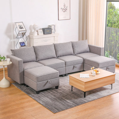Convertible Modular Sectional Sofa Couch with Storage Seat U Shaped 4-Seat Sofa Couch with Reversible Chaise Modular Sectional Fabric Dark Grey