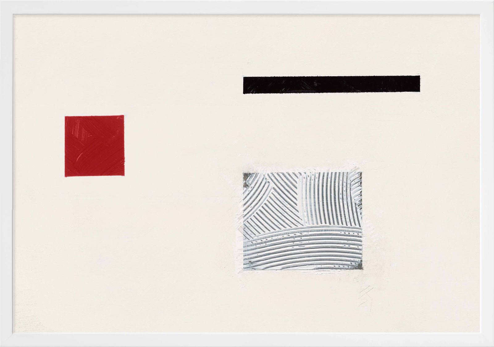 Tempo With Red 1 by Robert Kamnatnik, 14" H x 20" W x 1.25" D, White Framed Paper