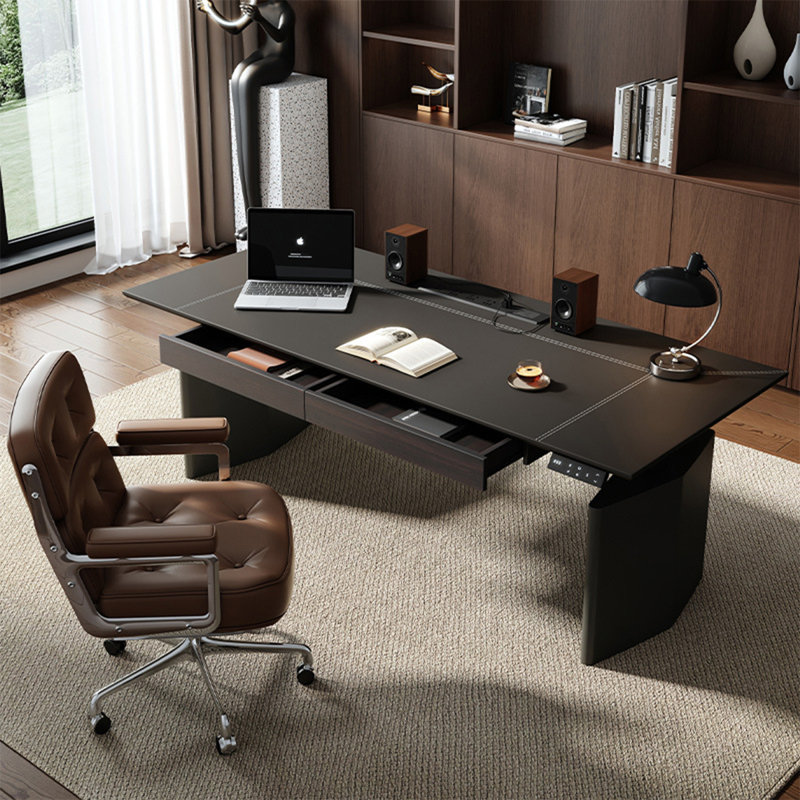 Bureau rectangulaire en cuir noir avec 2 tiroirs Barenia, H 47,24 po x l 78,74 po x P 31,5 po
